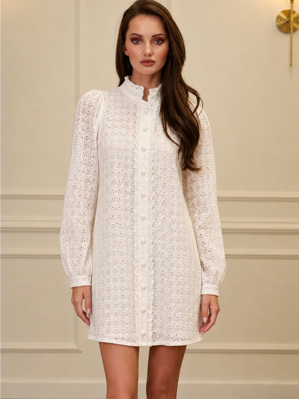 MENTI WHITE Eyelet Button-Front Puff Sleeve Mini Dress size S